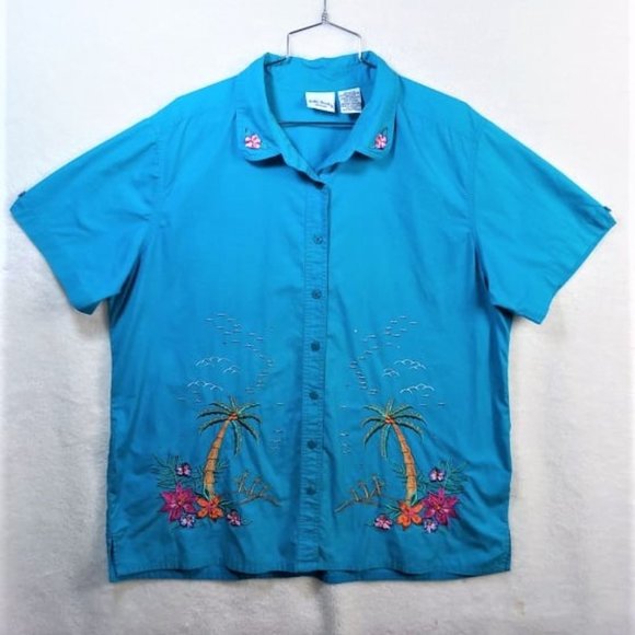 BOBBIE BROOKS  Blue Tropical Applique Blouse - Picture 1 of 9